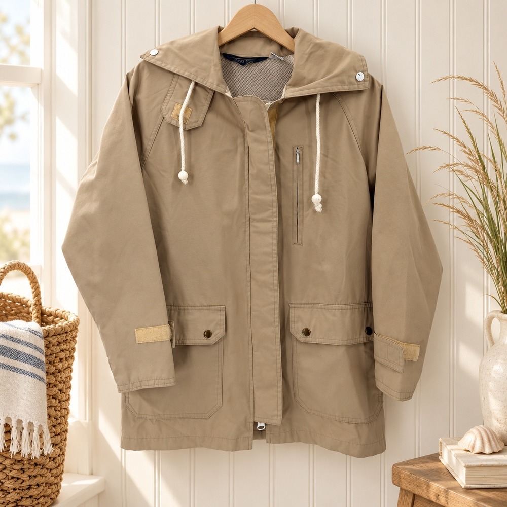 vintage Lands End Womens S Tan Hooded Anorak Rain Jacket Grandma Gorpcore